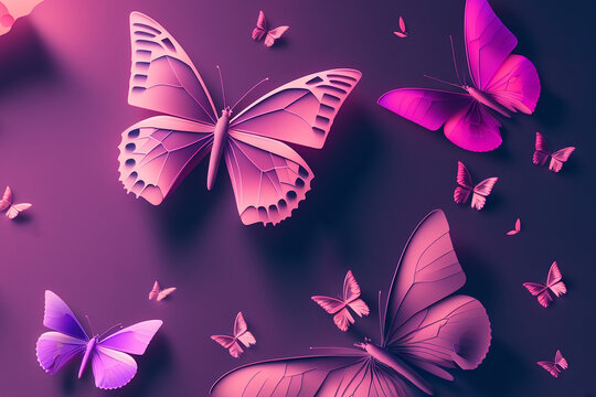 Sfondo rosa e viola con farfalle e petali di fiori in stile frutiger aero generato dall'AI