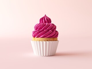Vanilla Cupcake with buttercream icing isolated on light pink background. Frosted cupcakes with tasty pink cream. 3d illustration cutout, copy space, front view. Red wrapped cream cake, creamy sweet - obrazy, fototapety, plakaty