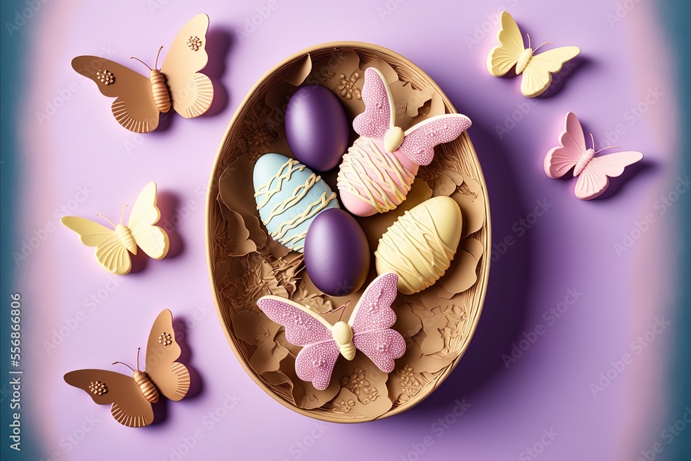Poster easter eggs in a flat basket form a rabbit and a butterfly. generative ai