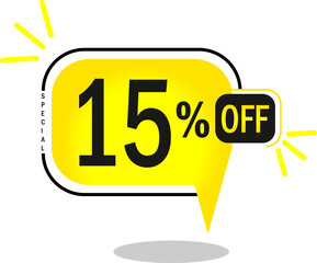 15% off limited special offer. 15% Discount Banner with fifteen percent off in a yellow round sided balloon.