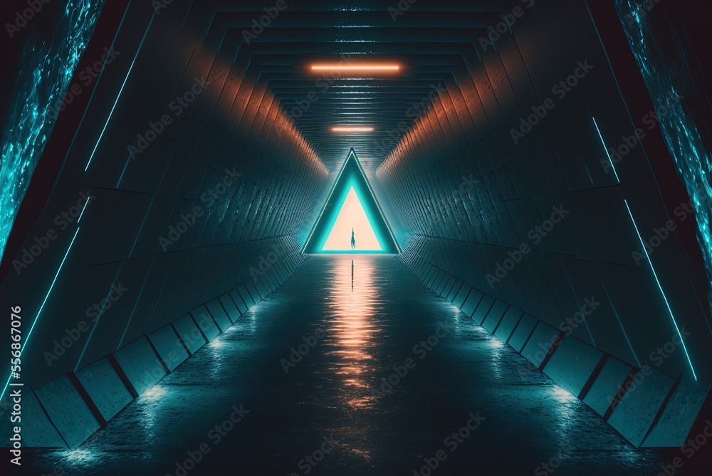 Poster science fiction set in the future triangle-shaped pixelated passageway through the tunnel generative