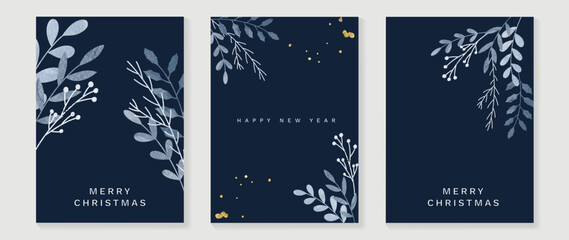 Set of christmas and happy new year holiday card vector. Decorative element of watercolor holly, mistletoe and pine leaf branch with gold droplet. Design illustration for cover, banner, card, poster.