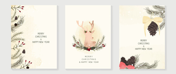 Set of christmas and happy new year holiday card vector. Elegant element of watercolor pine leaves, pine cone with bow ribbon, berry and reindeer. Design illustration for cover, banner, card, poster.