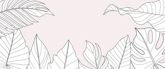 Hand drawn line art leaf branch background vector. Tropical monstera and palm leaves black white drawing contour simple style background. Design illustration for prints, wallpaper, poster, card.