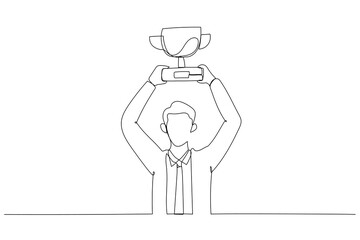Drawing of businessman holding winning trophy concept of victory. Continuous line art