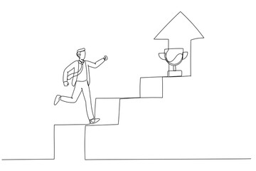 Illustration of businessman walking up staircase with rising arrow into high sky to find winning trophy. Single line art style