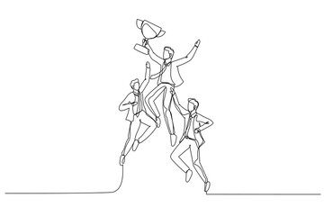 Illustration of businessman jumping holding trophy get reward and celebrate. Single continuous line art