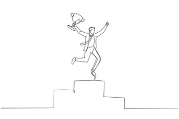 Drawing of businessman receive trophy on podium happy first winner. Continuous line art style