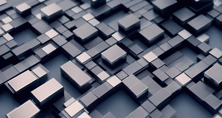 Abstract technology background of metallic cubes. Geometric pattern of 3D squares and boxes. Generative AI