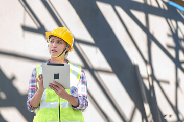 Asia Female civil engineer with inspecting construction plans at building site of high-riser...