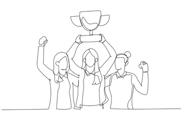 Cartoon of businesswoman standing in medals on necks holding golden trophy concept on teamwork. Continuous line art style