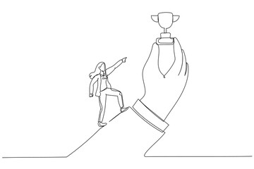 Cartoon of businesswoman run with full effort to reach trophy cup in giant hand. Single continuous line art style