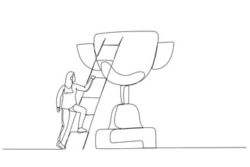 Illustration of businesswoman building ladder of success climbing to top of champion trophy cup. One line art style