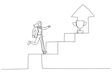 Cartoon of businesswoman walking up staircase with rising arrow into high sky to find winning trophy. Single continuous line art style