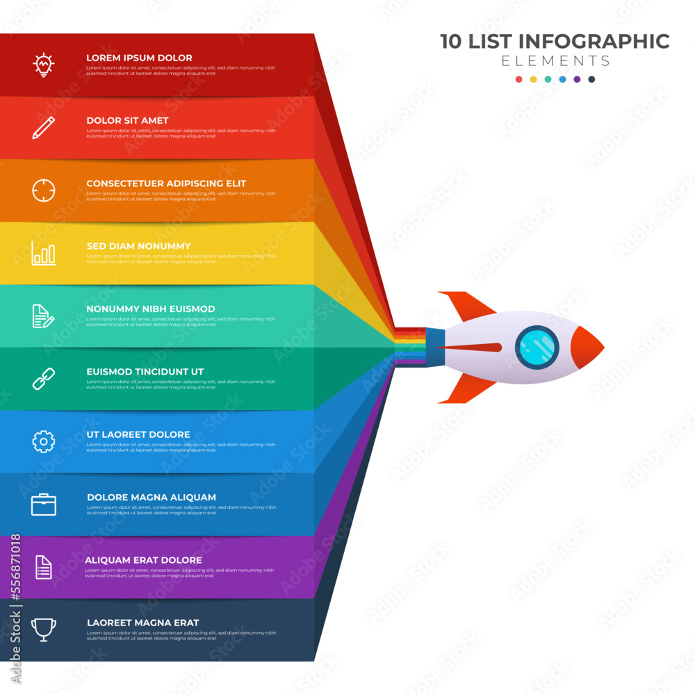 Wall mural List diagram with 10 points of steps, sequence, colorful rocket launch startup, infographic element template vector.