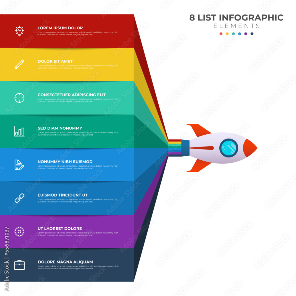 Aufkleber list diagram with 8 points of steps, sequence, colorful rocket launch startup, infographic element t