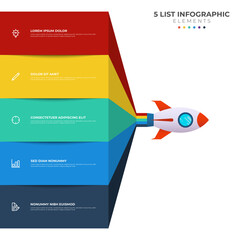 List diagram with 5 points of steps, sequence, colorful rocket launch startup, infographic element template vector.