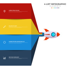 List diagram with 4 points of steps, sequence, colorful rocket launch startup, infographic element template vector.