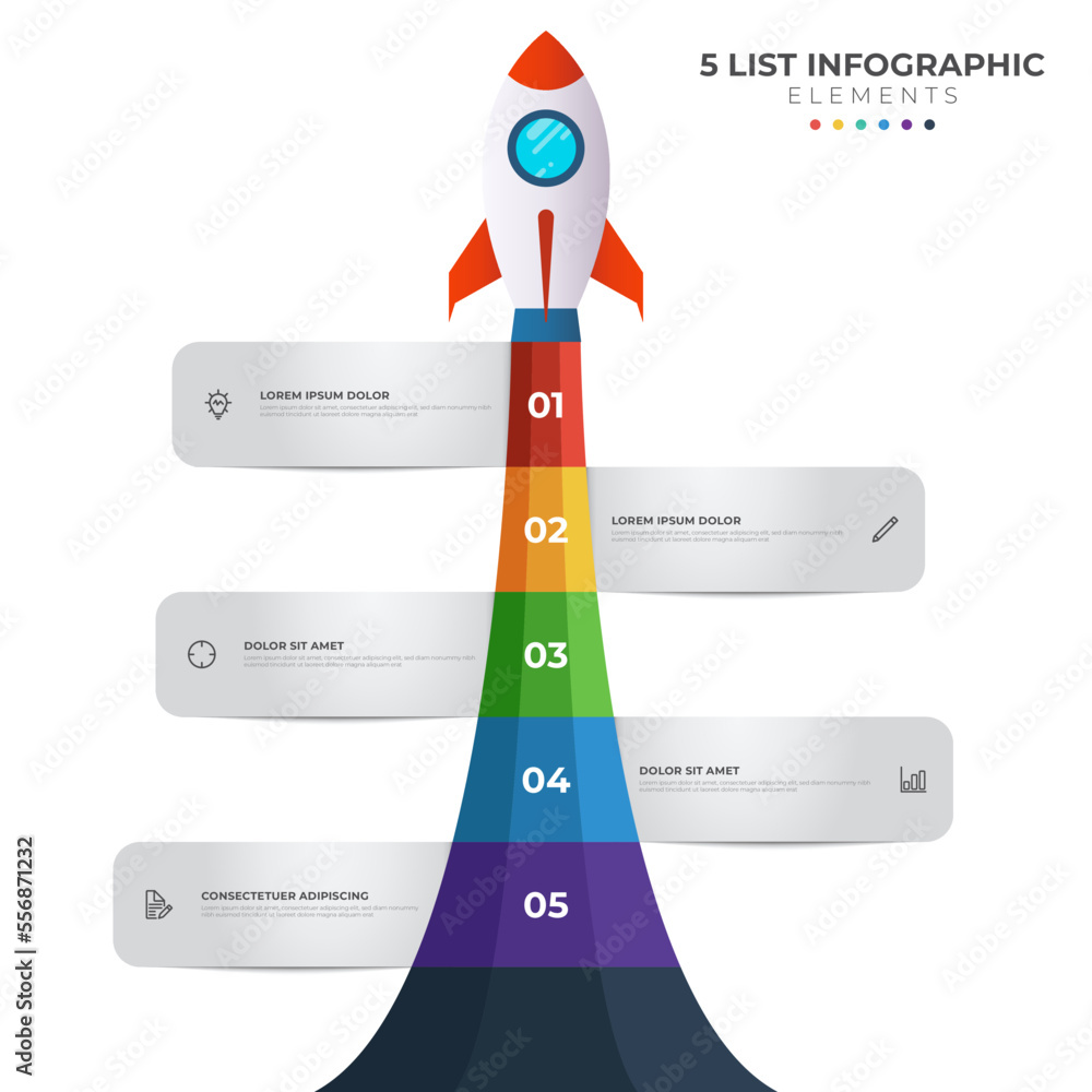Poster list diagram with 5 number points of step, sequence, colorful rocket launch startup, infographic ele