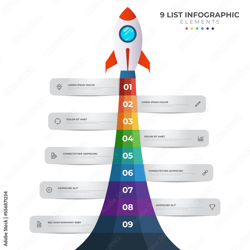 Poster list diagram with 9 number points of step, sequence, colorful rocket launch startup, infographic ele