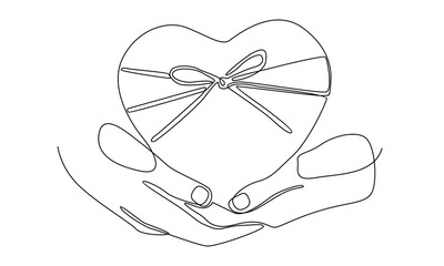 continuous line of hands holding kraft gift box tied with ribbon