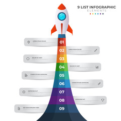 List diagram with 9 number points of step, sequence, colorful rocket launch startup, infographic element template vector.