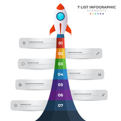 List diagram with 7 number points of step, sequence, colorful rocket launch startup, infographic element template vector.