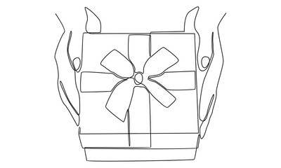 continuous line of hands holding kraft gift box tied with ribbon