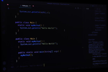 Software development by programmer. Abstract computer script code. Programming code screen of...
