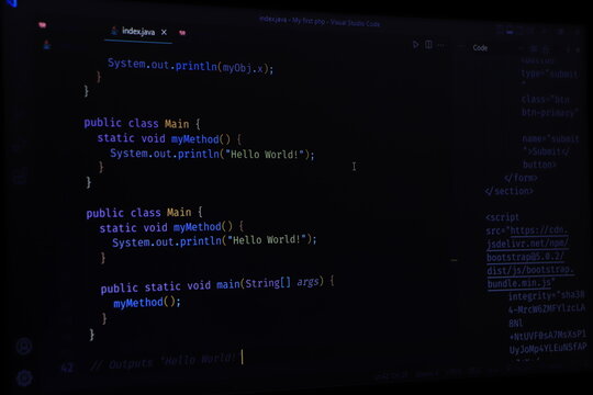 Software development by programmer. Abstract computer script code. Programming code screen of software developer