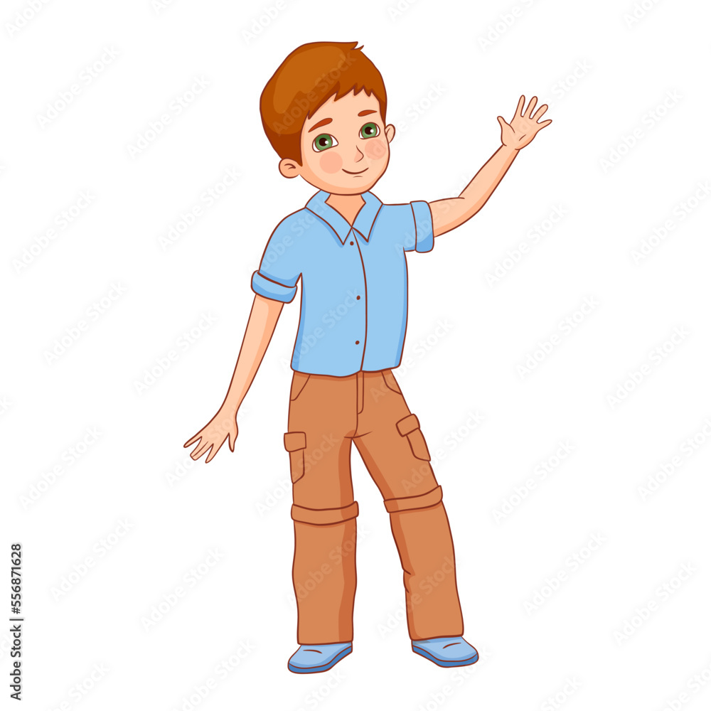 Wall mural little cute happy boy waving hand isolated on white background. vector flat cartoon illustration cha