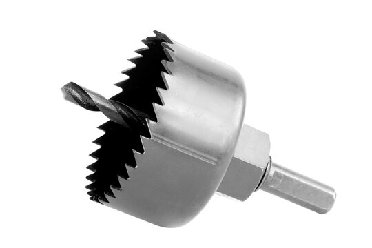 drill hole saw tools for making holes in pipes and wood isolated on white background