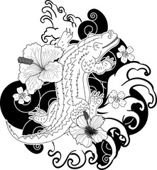 Crocodile tattoo and flower Japanese style. Hibiscus flower with cherry blossom and lotus tattoo.Design For Print a T-Shirt.