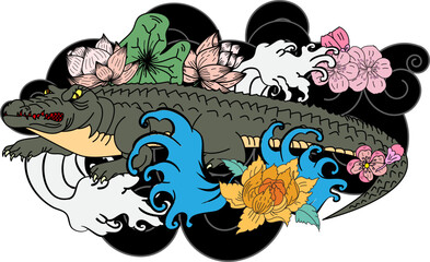 Crocodile tattoo and flower Japanese style. Hibiscus flower with cherry blossom and lotus tattoo.Design For Print a T-Shirt.
