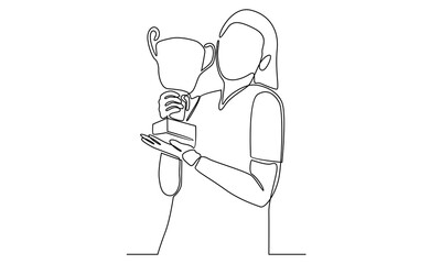 Continuous line of woman holding trophy