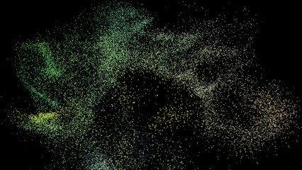 3D rendering of burst of colorful sand particles or pebbles in turbulent manner on black background