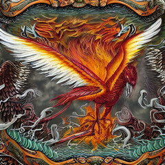 Mythological symbol of rebirth. Phoenix with burning wings and tail. Fantasy firebird. Generative AI