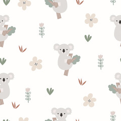 Cute koala seamless pattern. Funny baby print with animals. A hand drawn koala on a tree branch. Cartoon design for fabric, baby shower decoration, party. Nursery background.