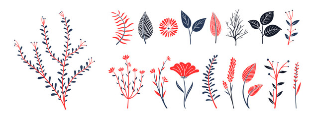 set collection plants flowers and leaves - hand drawn vector. Drawing beautiful plants, and decorative set with colours
