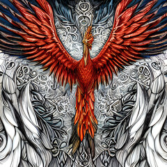 Obraz premium Mythological symbol of rebirth. Phoenix with burning wings and tail. Fantasy firebird. Generative AI