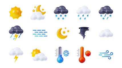 3D weather forecast icons set on white background. Illustration of sun, moon, black white clouds with rain, snow, lightning, fog, wind, tornado symbols, thermometers showing cold, hot air temperature
