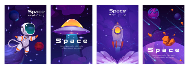 Naklejka na ściany i meble Cartoon set of space exploration game banner design templates with place for text. Vector illustration of astronaut, rocket and alien spaceship, planets, asteroids and satellites flying in night sky