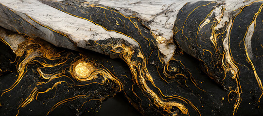 The texture of black and white marble with gold veins. Natural pattern. Abstract 3D illustration of marble surface for backgrounds, wallpapers, photo wallpapers, murals, posters.