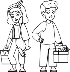 builder kid line pencil drawing vector. boy girl child, worker construction, engineer helmet, profession job, little work builder kid character. people Illustration