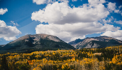 Driving down a highway in the fall through the Rocky Mountains