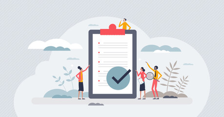 Compliance as company rules or legal regulation document tiny person concept. Administration policy with standards control and regulation for work vector illustration. Effective governance guidelines.