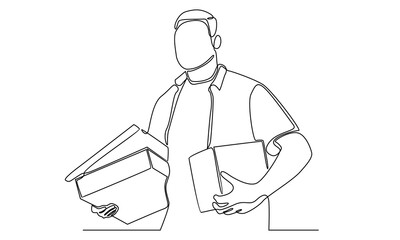 Continuous line of delivery man standing with parcel post