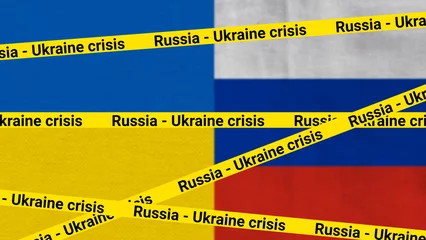 Fotobehang Russia Ukraine crisis Streep on blur flags © SC studio 