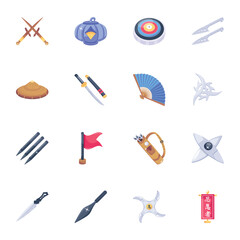 Collection of Ninja Objects Flat Icons 

