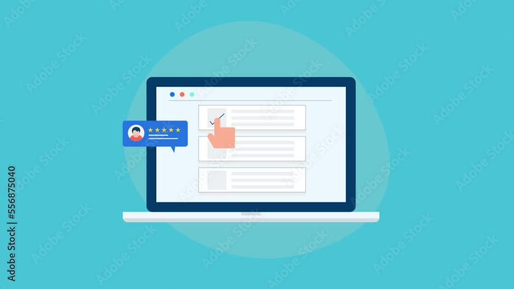 Poster online customer survey feedback animation concept. person clicking on checkbox from laptop.